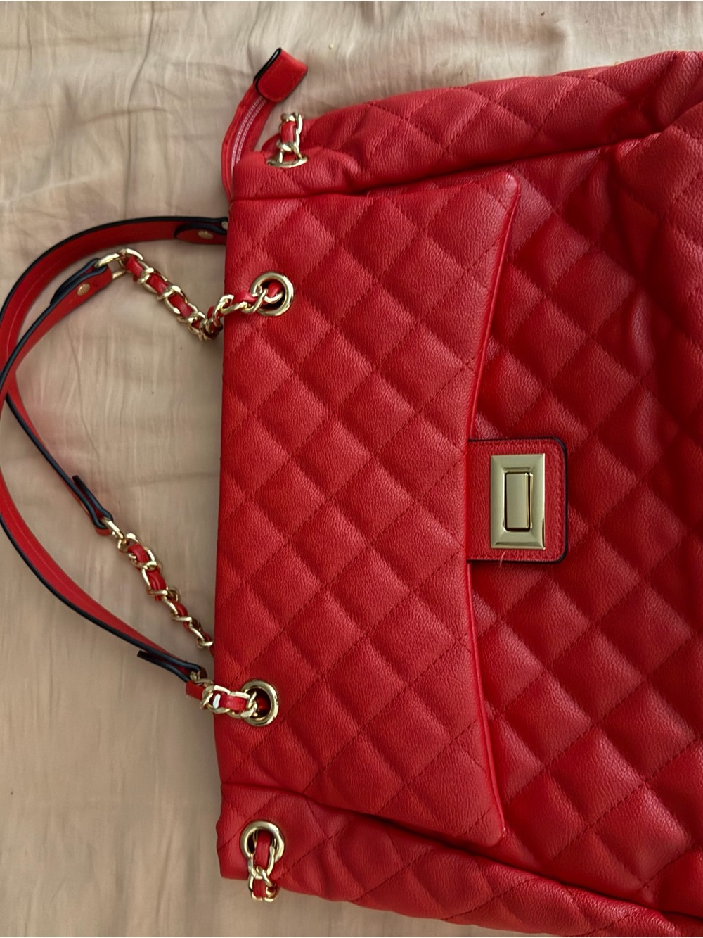 Quilted Red Shoulder Bag with Gold Chain Detail